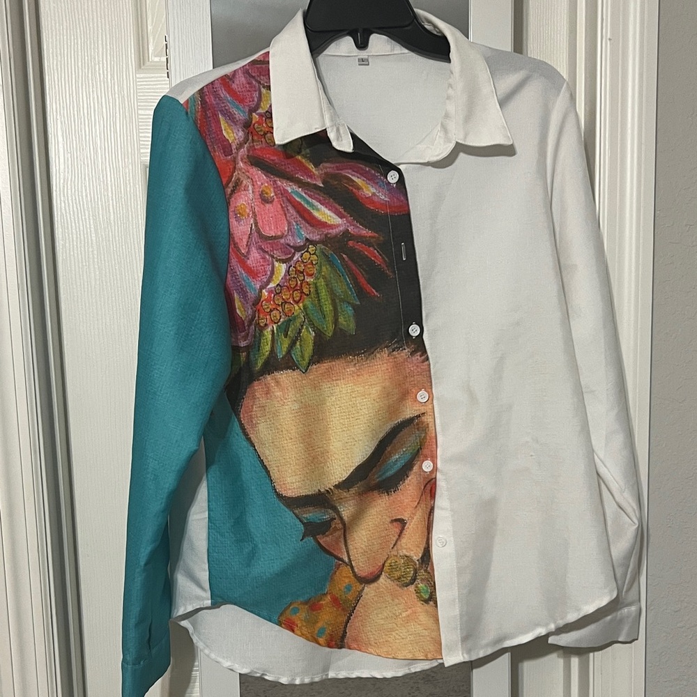 Artistic White and Teal Women's Top